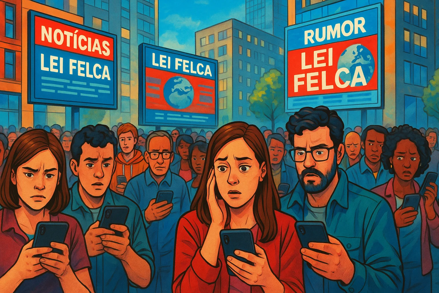 Pessoas com smartphones na rua, expressões de preocupação, telas digitais sobre a Lei Felca