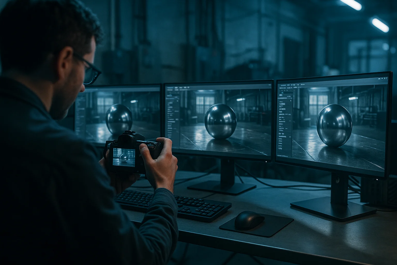 Fotógrafo registra bancada com telas exibindo renderização neural, iluminação fotorrealista, NVIDIA, IA para jogos e gráficos 4K