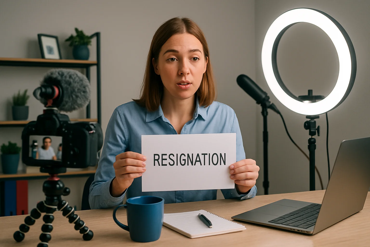 Pessoa gravando seu vlog de demissão em espaço moderno com iluminação suave e elementos de comunicação, destacando o tema vlogs demissão viralizam tiktok