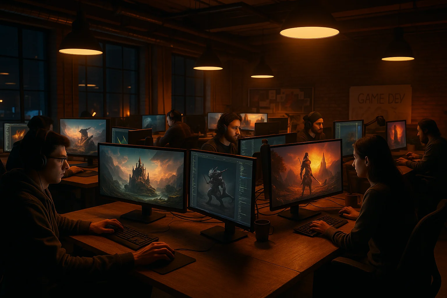 Cena panorâmica de estúdio de jogos com trabalhadores concentrados em computadores, temática de The Witcher 4 tem