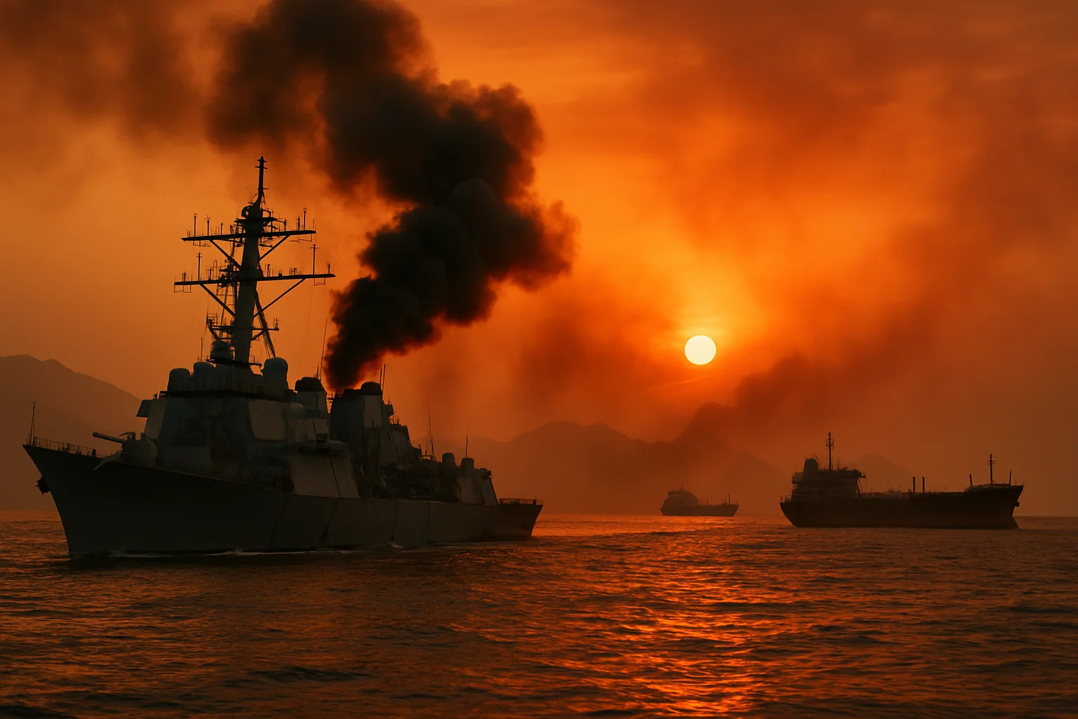 Navio de guerra patrulha o estreito de Ormuz ao pôr do sol, fumaça ao fundo e navios de petróleo na cena marítima, em clima de tensão na guerra oriente médio irã.