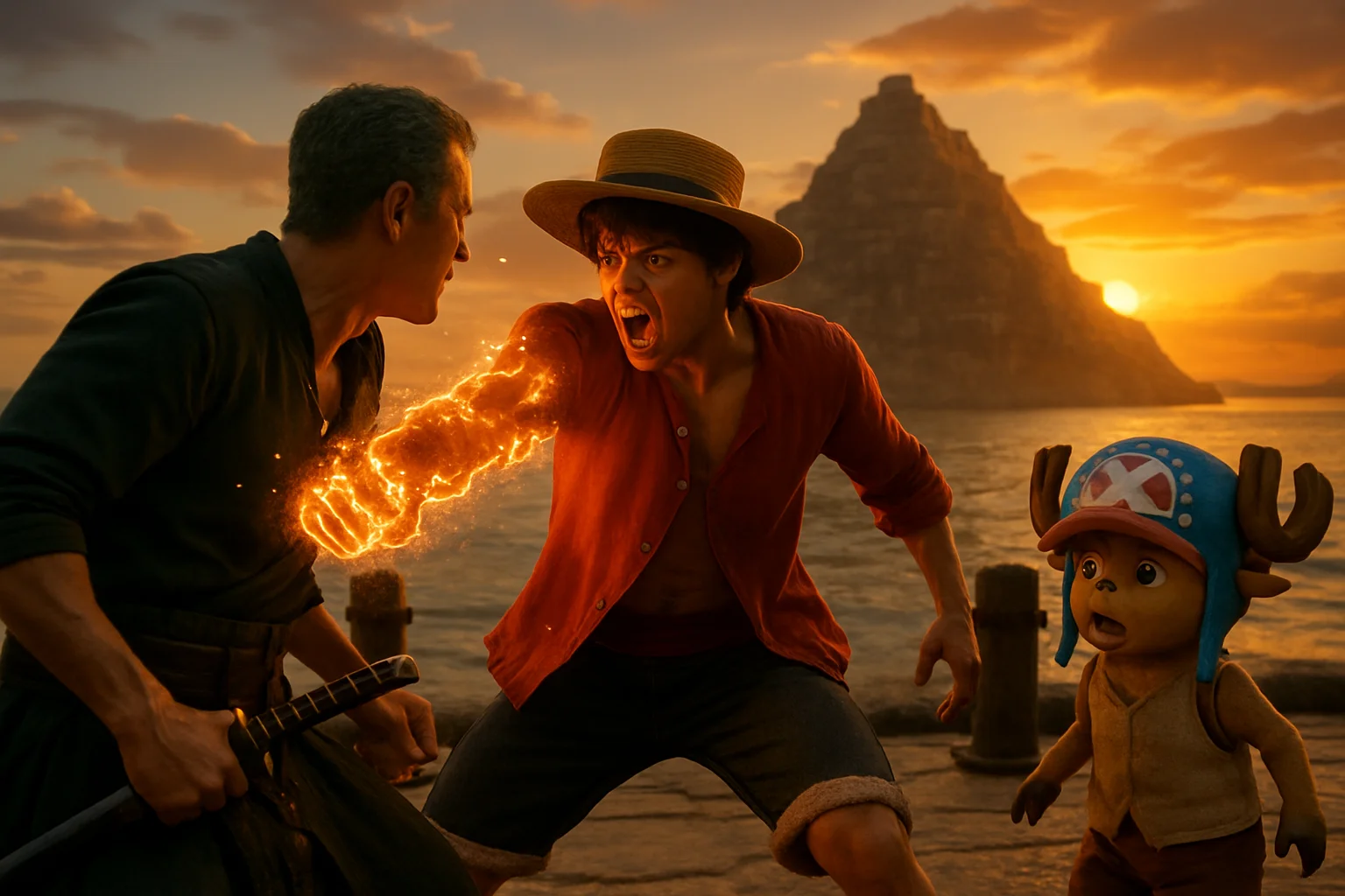 Cena de One Piece live action com Luffy, Zoro e Chopper na entrada de um porto ao entardecer