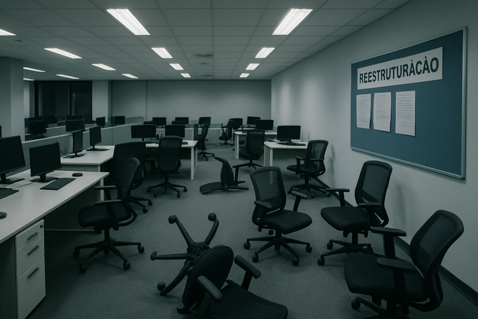 Cena de uma sede de escritório vazia com cadeiras e computadores desligados, ilustrando a demissão de 105 funcionários na Ubisoft