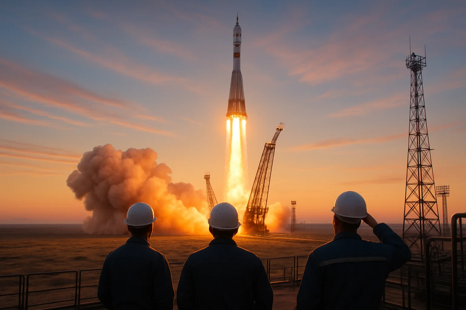 Foguete russo decolando ao amanhecer com equipe de engenheiros e céu expansionista, simbolizando avanço tecnológico na Rússia