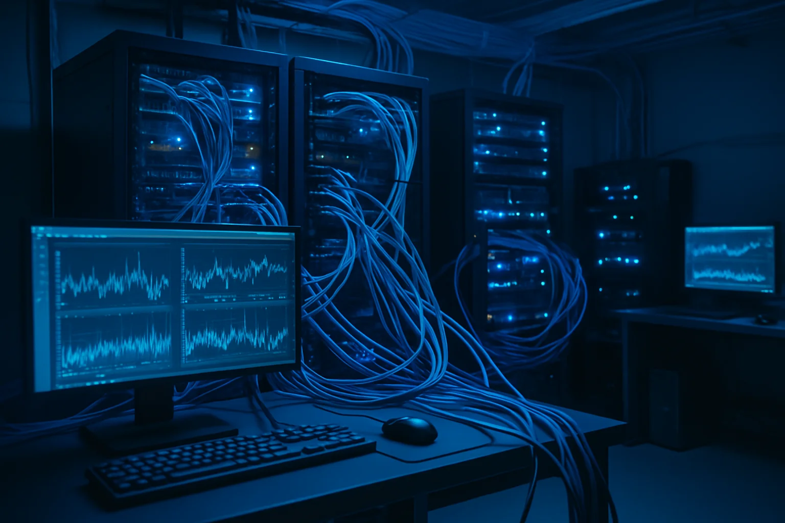 Imagem de sala de servidores com destaque em cabos, monitores e equipamentos tecnológicos ligados à OpenAI