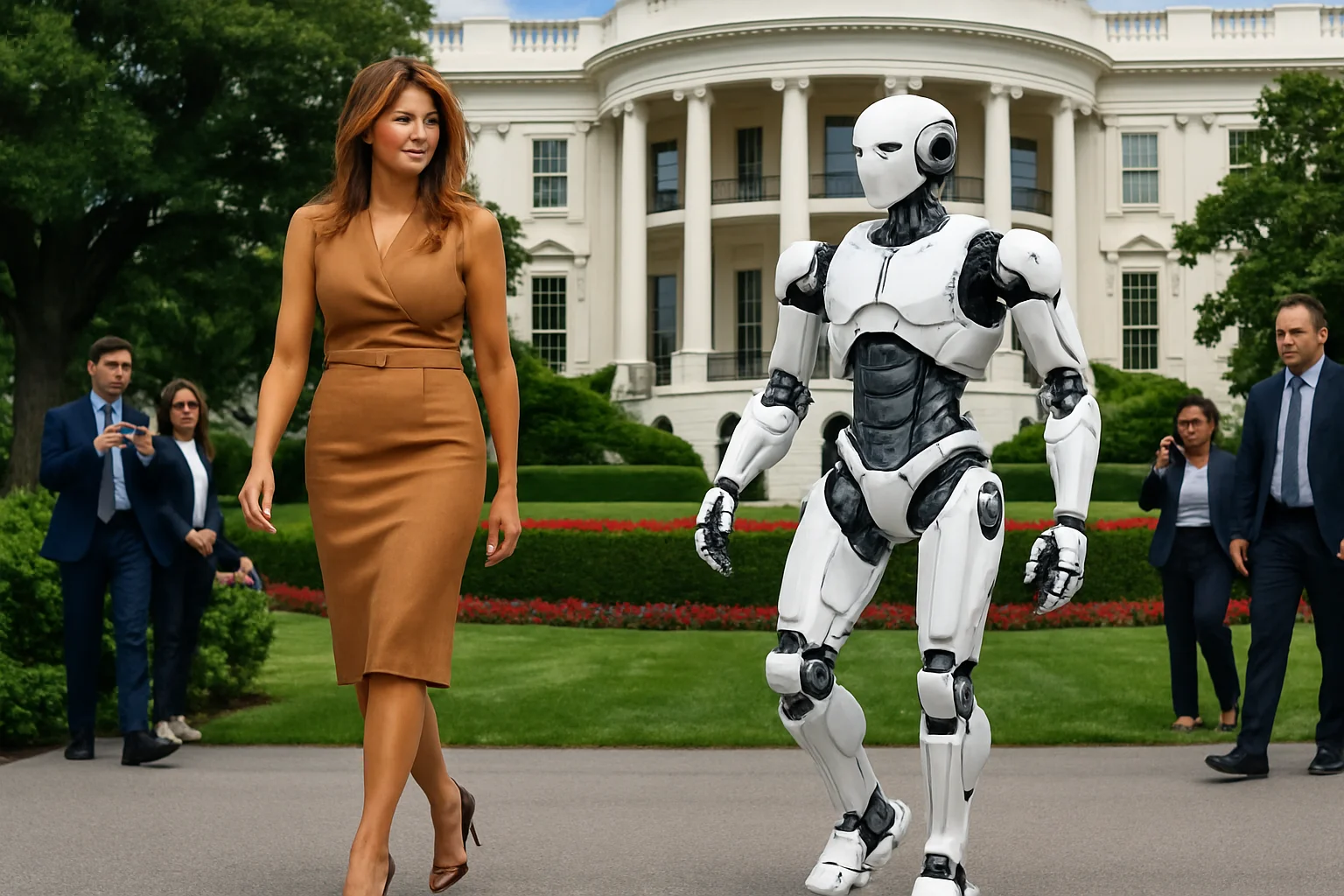 Imagem de Melania Trump caminhando ao lado de um robô humanoide na entrada da Casa Branca, com jardim e arquitetura ao fundo.