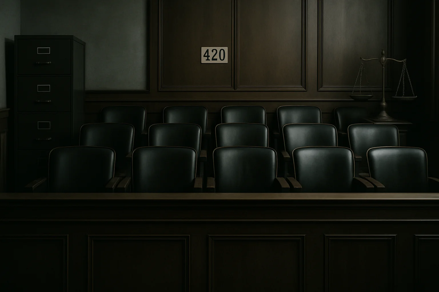 Sala de tribunal vazia com foco na mesa de júri e símbolo do número 420, representando Elon Musk em contexto judicial.