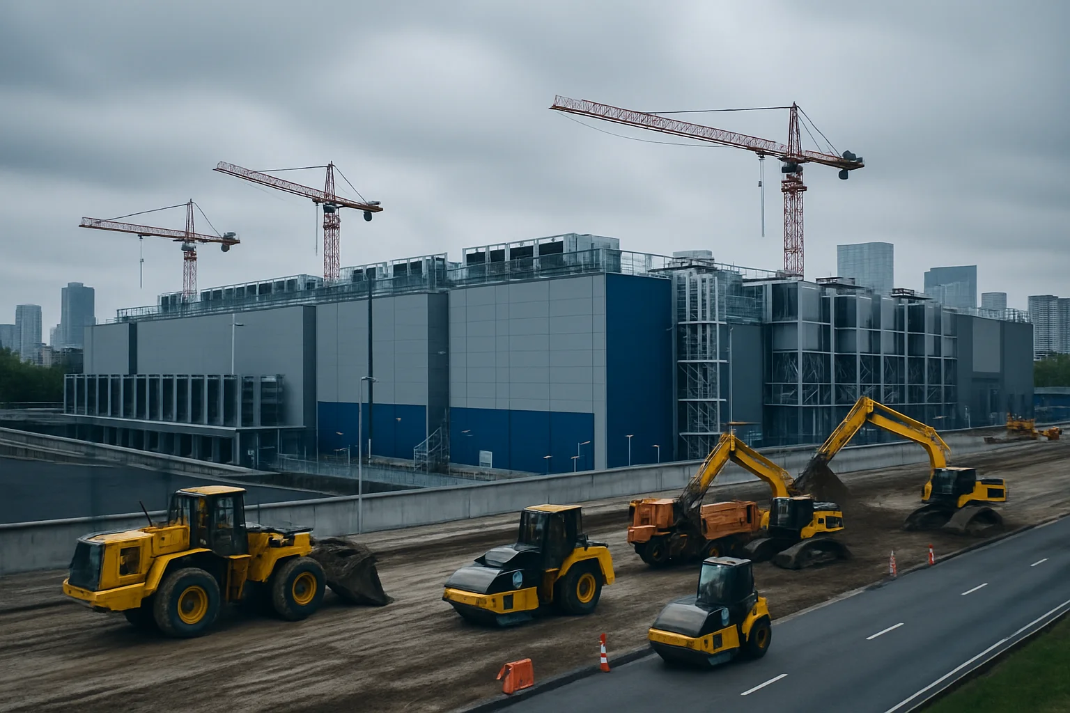 Imagem de um grande data center em construção com guindastes em cenário urbano, cores cinza, azul e amarelo, simbolizando alta tecnologia e desenvolvimento de data centers.