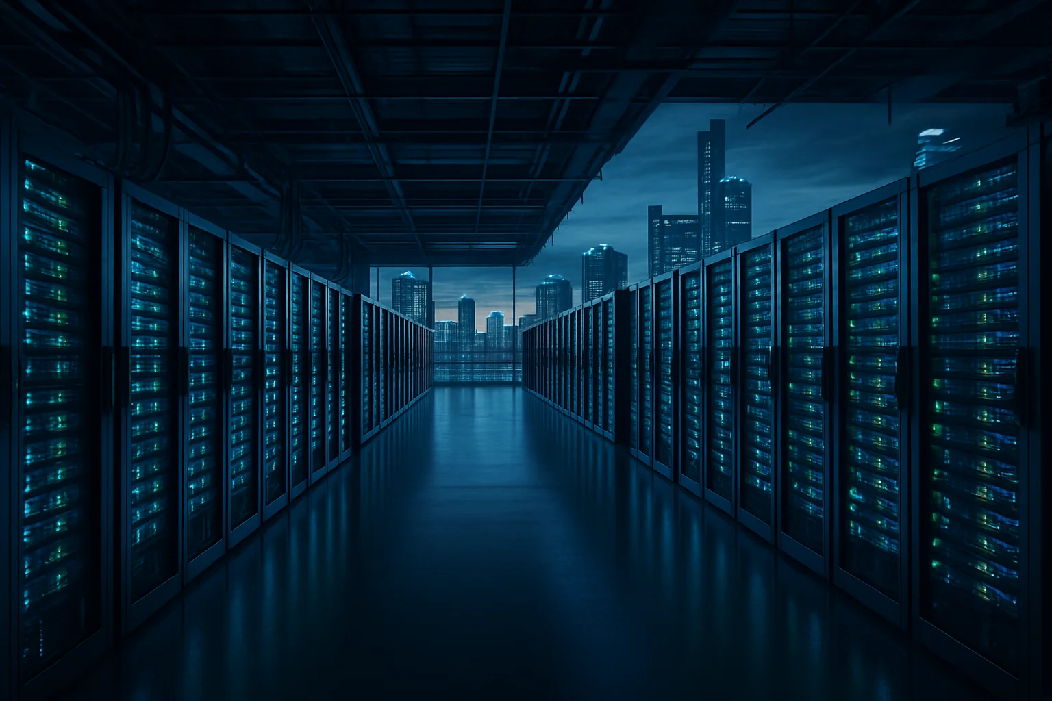 Imagem de um grande data center moderno com torres iluminadas por luzes azuis e verdes, simbolizando demanda seguros data centers