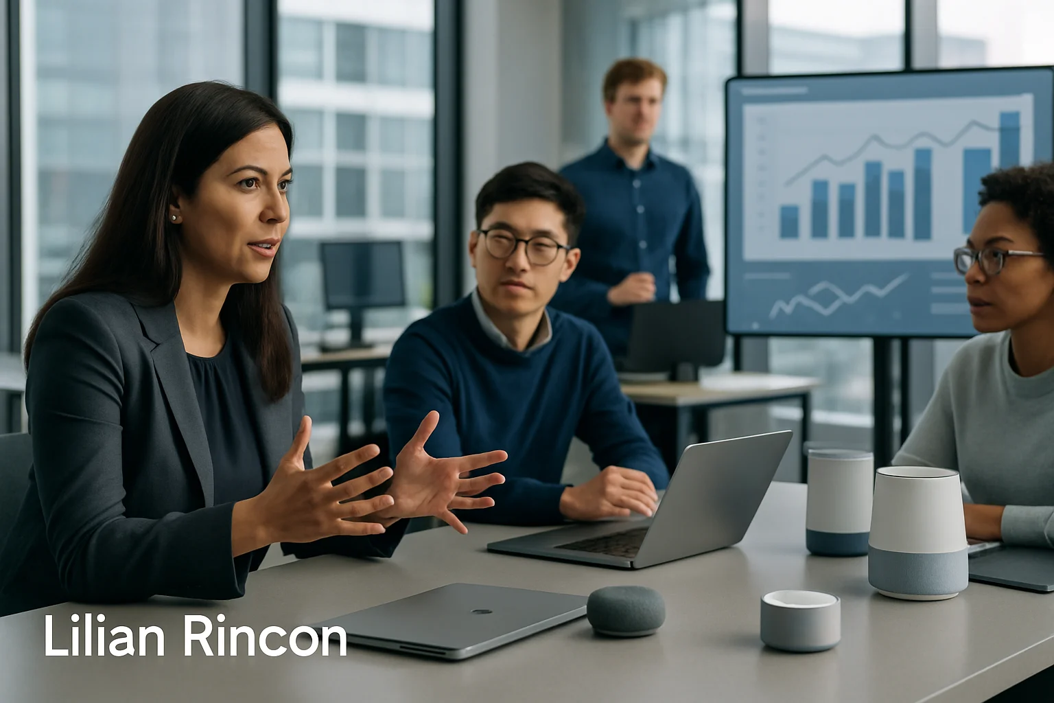Lilian Rincón em reunião moderna discutindo estratégias de IA com equipe de tecnologia