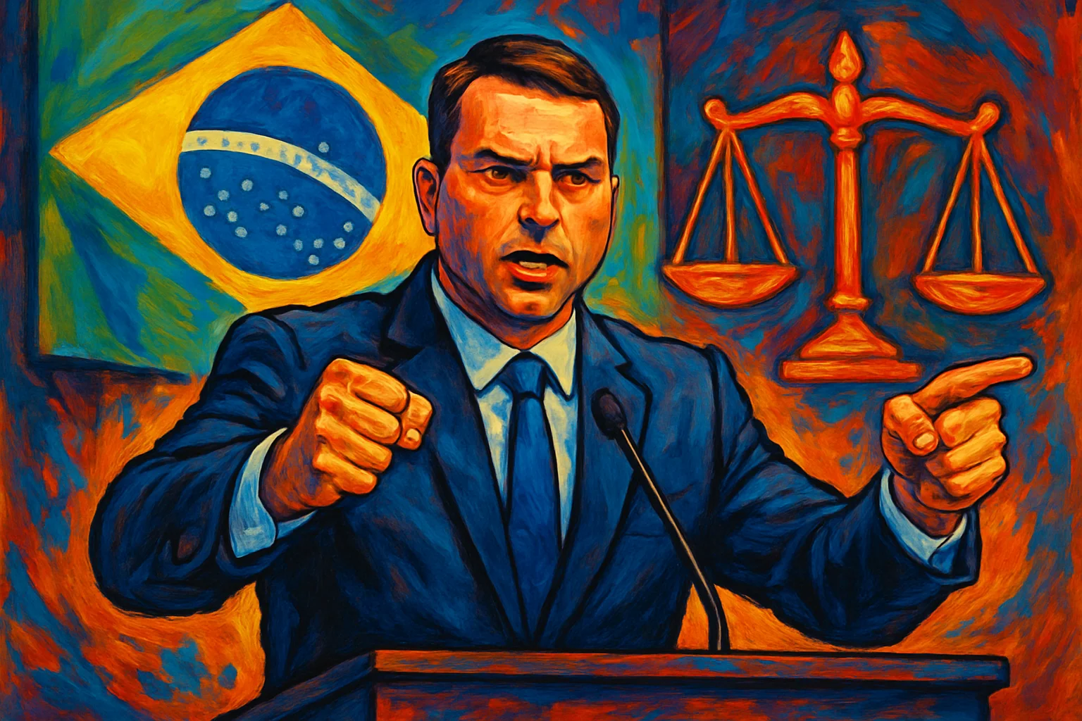 Ilustração de Flávio Bolsonaro no palco gesticulando com força, ao fundo bandeira brasileira e balança de justiça, cores vibrantes
