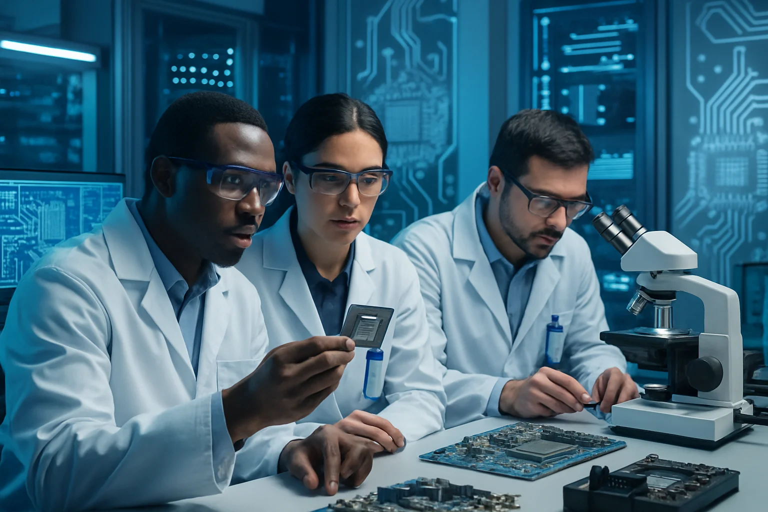 Imagem horizontal de engenheiros trabalhando com novo chip 950PR Huawei em um laboratório moderno com tons de azul e cinza