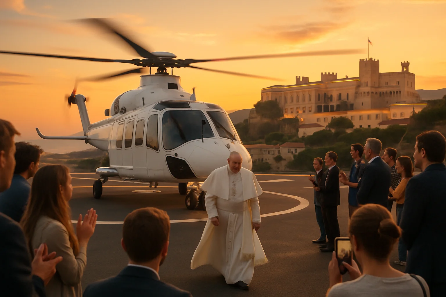 Imagem do Papa Leão 14 chegando de helicóptero ao aeroporto de Mônaco ao pôr do sol