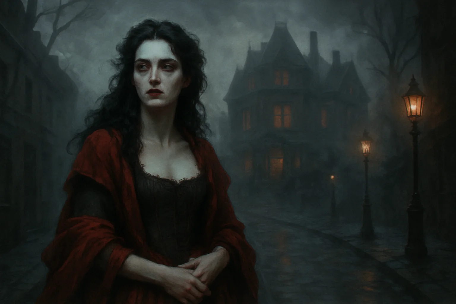 Cena dramática do Wuthering Heights 2026 Margot, com mulher sombria em vestes do século 18 e mansão vitoriana ao fundo