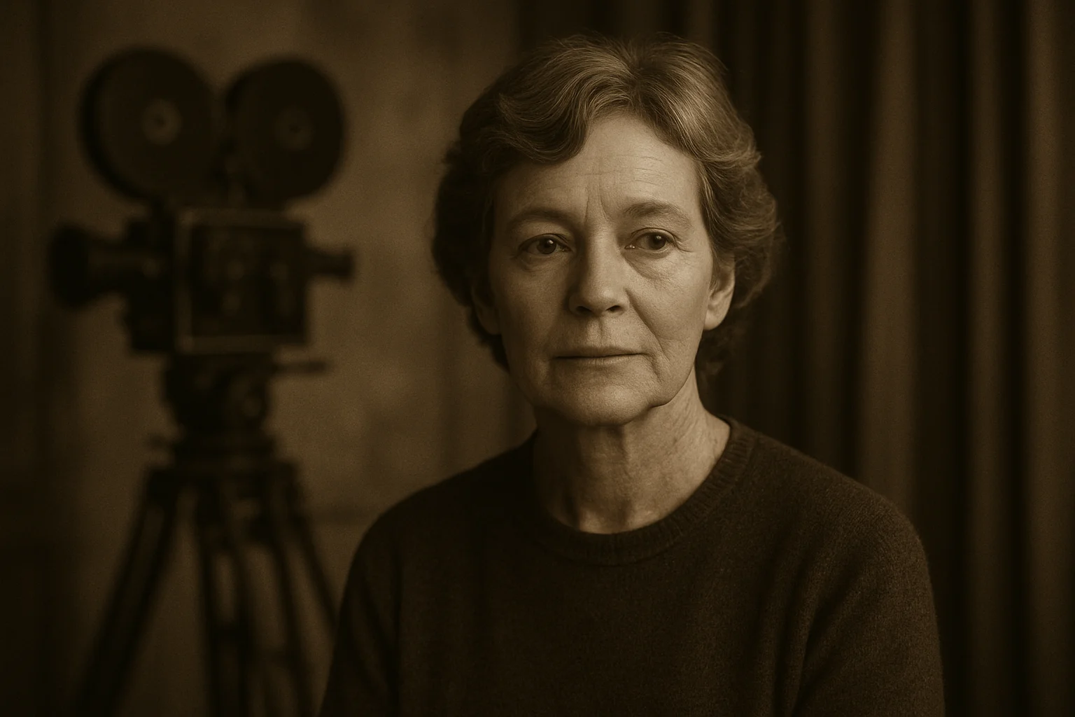 Imagem horizontal de Mary Beth Hurt em cenário vintage de Hollywood com elementos clássicos ao fundo