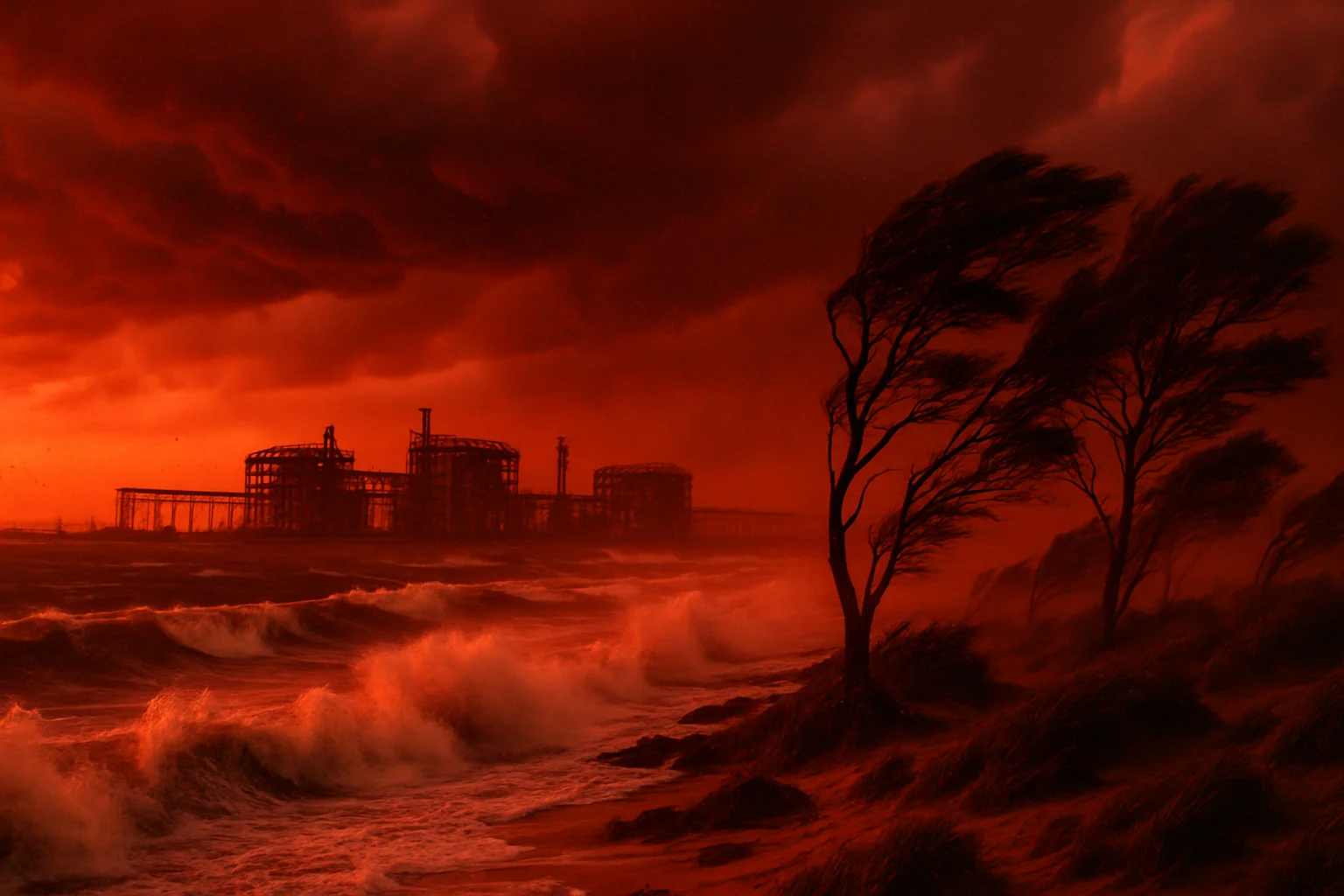 Ciclone Narelle deixa céu vermelho na costa australiana, ondas violentas e usinas de GNL desativadas ao entardecer