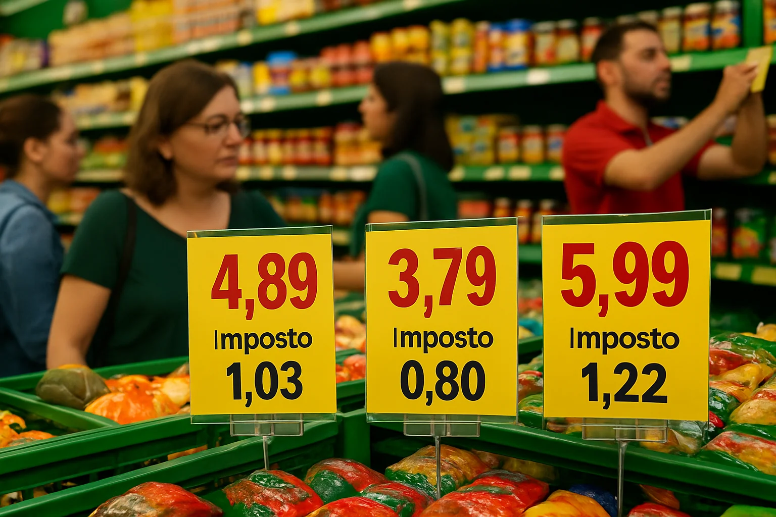 Imagem de feira com etiquetas de preços destacando valores e impostos, retratando reforma tributária que pode mudar o preço dos produtos.