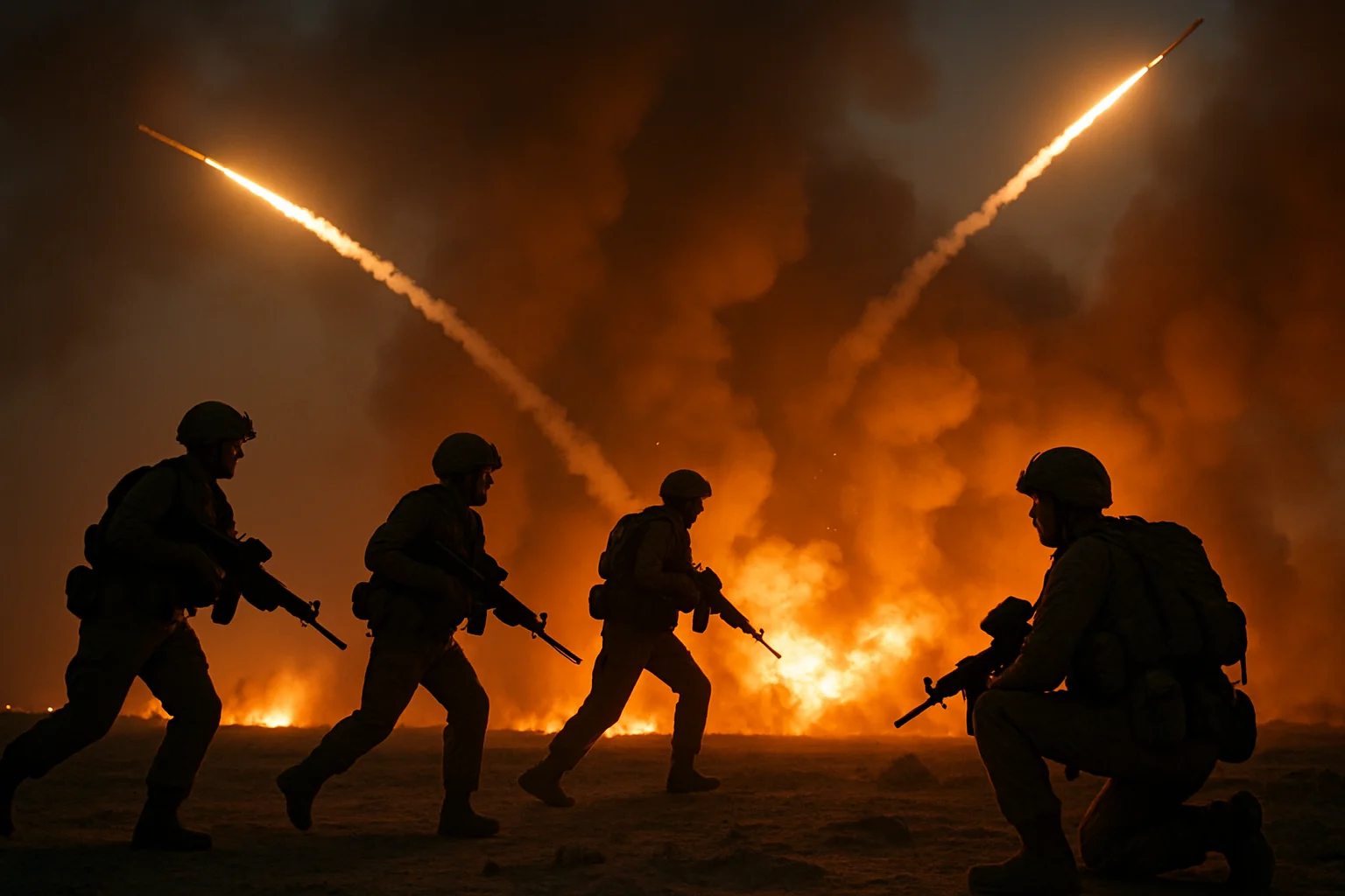 Soldados e mísseis interceptados no céu em uma cena de conflito, com explosões ao fundo, representando Israel ataca Teerã.