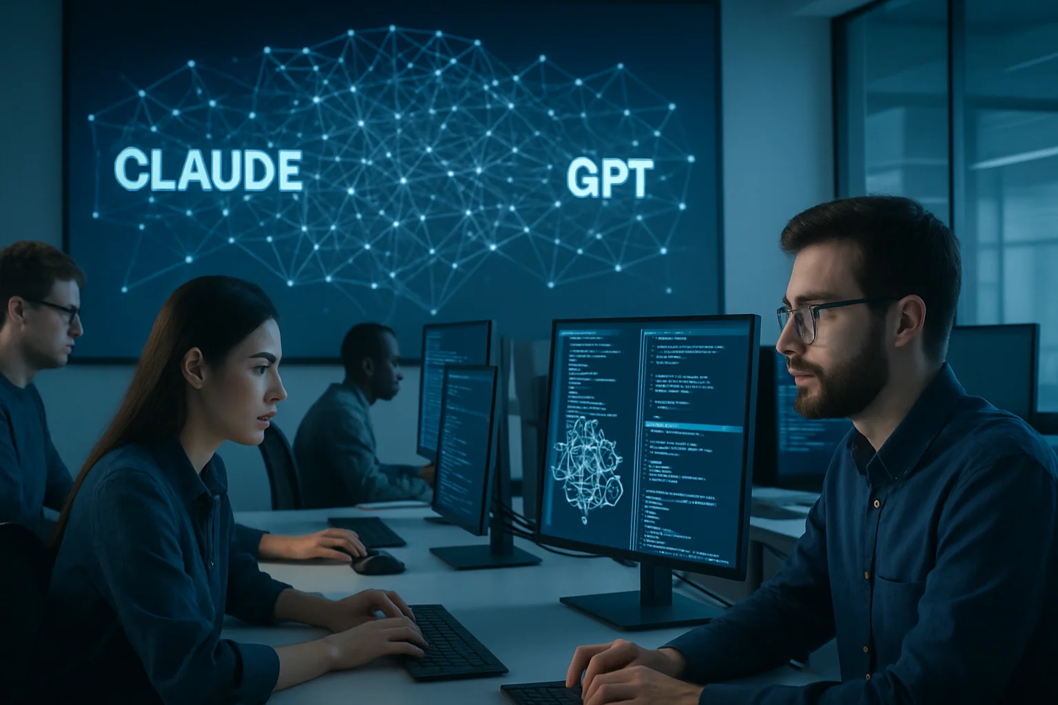 Equipe de tecnologia colaborando em escritório com telas exibindo IA, destacando anúncios de atualizações de IA.