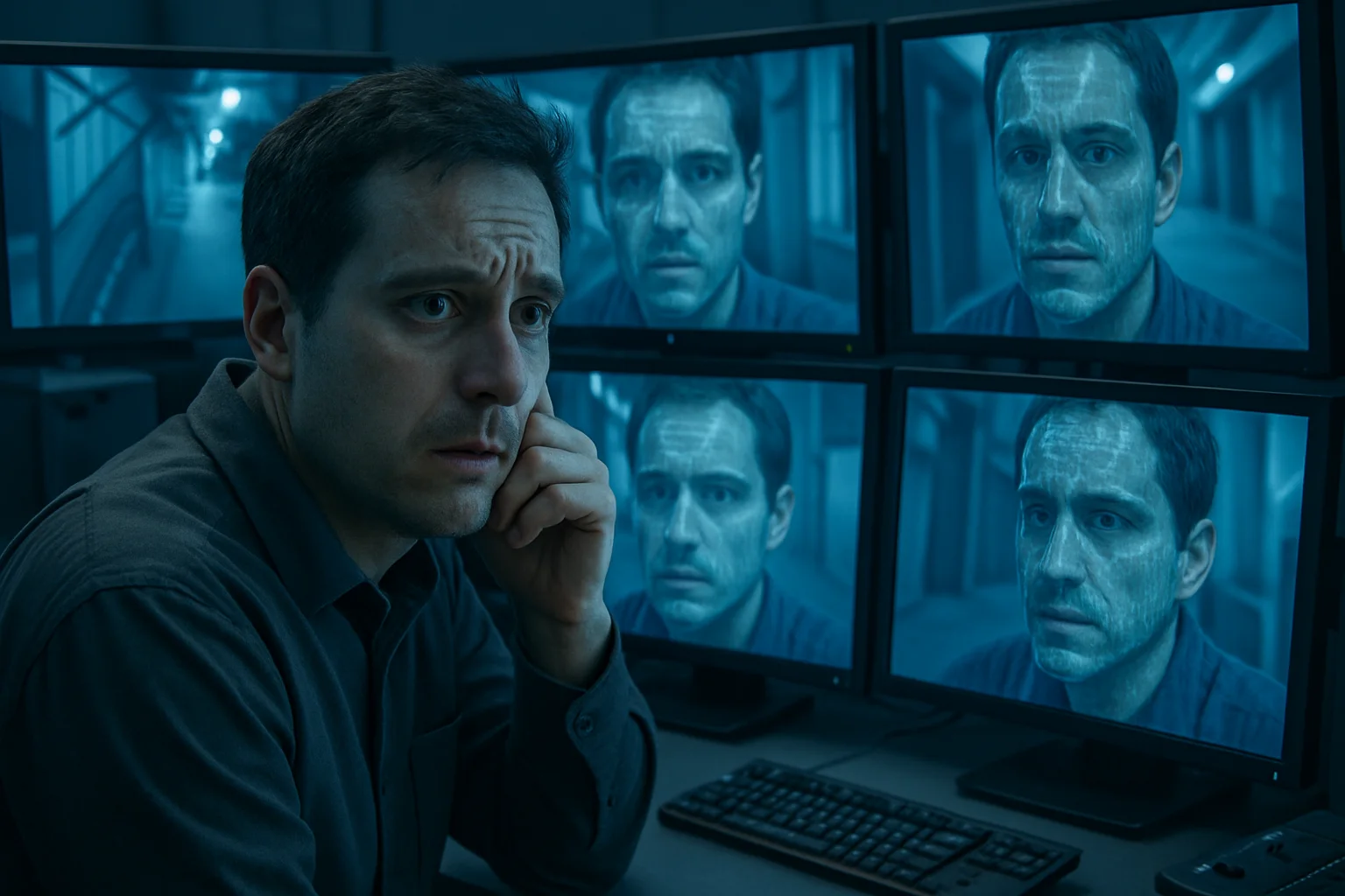 Imagem de uma sala de controle de câmeras, com monitores exibindo faces humanas e uma pessoa preocupada na frente dos monitores, ilustrando homem é levado engano.