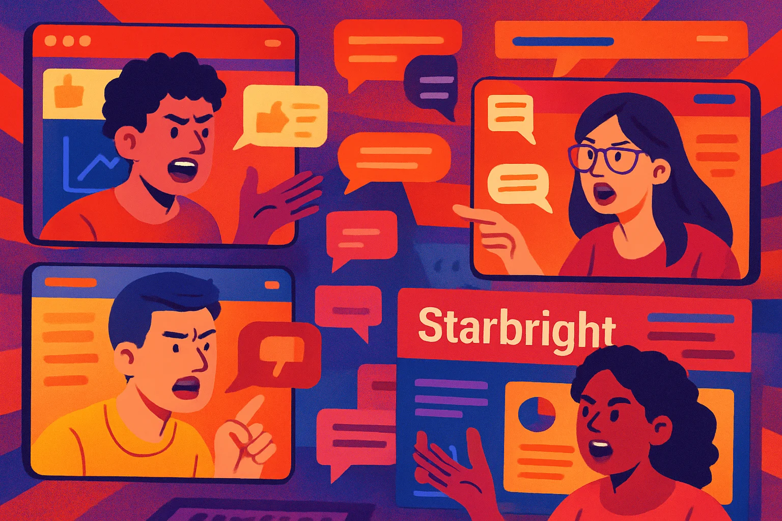 Cena horizontal de discussão online sobre Starbright 2026 com usuários e telas vibrantes