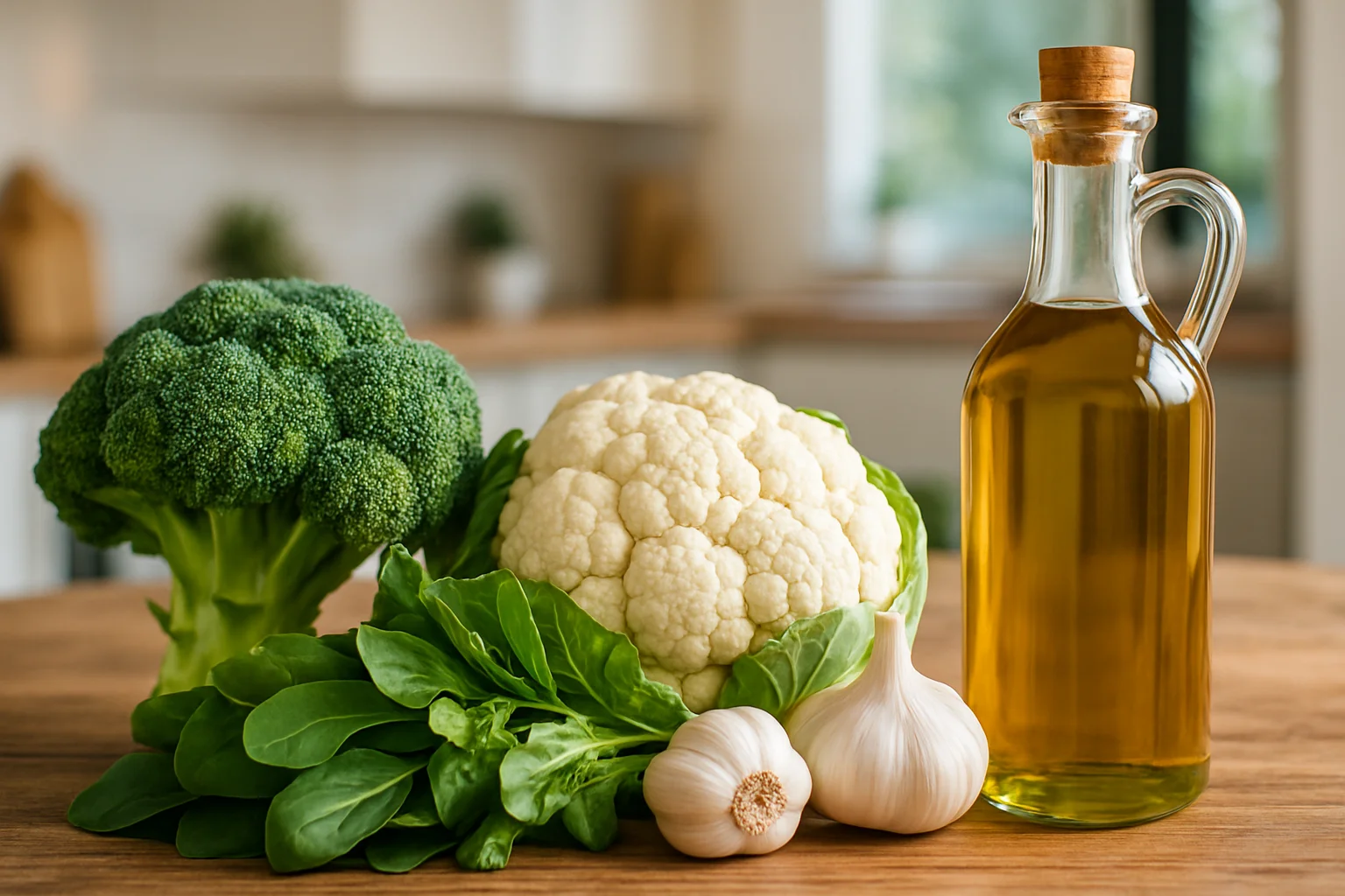 Mesa com cinco alimentos que protegem o fígado: brócolis, couve-flor, folhas verdes, alho e azeite extra virgem em ambiente moderno bem iluminado