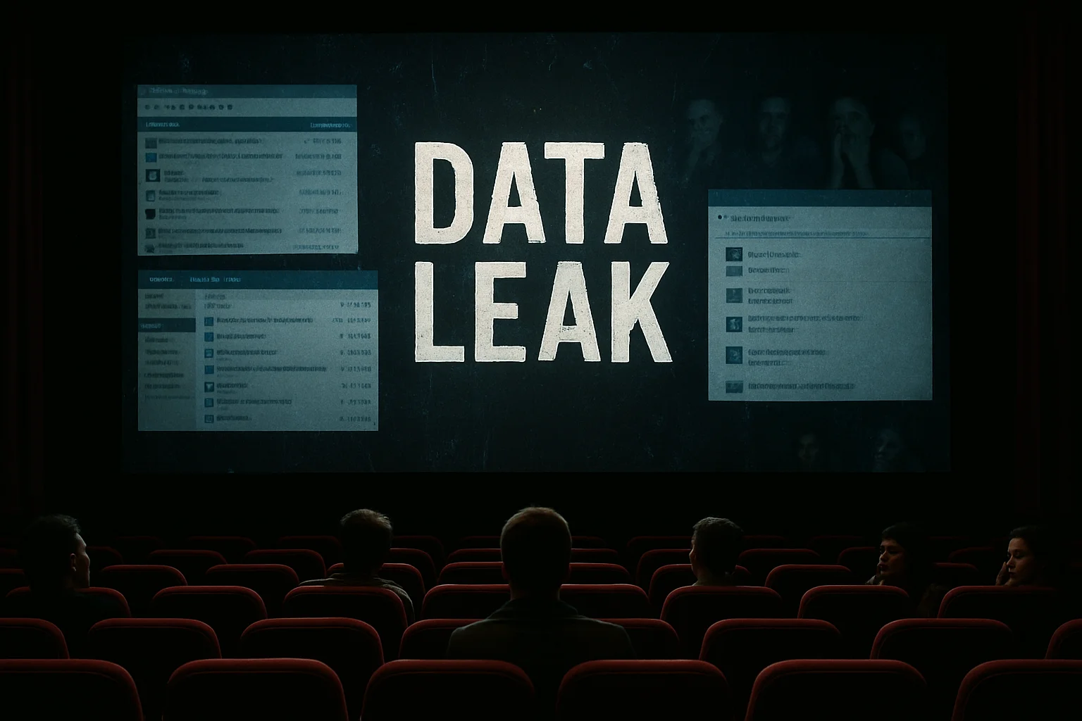 Cena de sala de cinema vazia com tela exibindo vazamentos de filmes que chocaram, alguém assustado ao fundo.