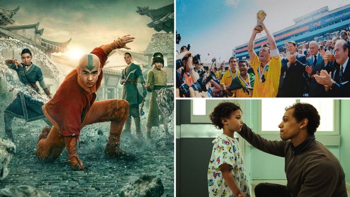 Cena de Avatar: O Último Mestre do Ar, com Aang e seus amigos em um cenário de fantasia.